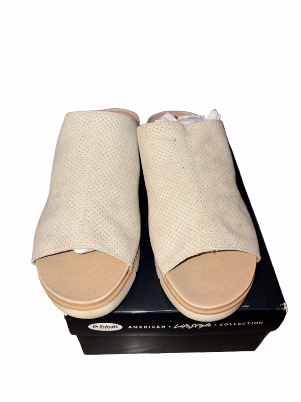 🆕💜Dr. Scholl’s Go For It Slide Sandals 7.5 Beige Oyster Perforated Comfort Wedge